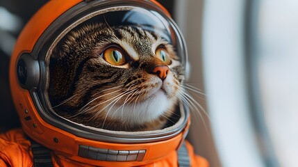 A curious tabby cat gazes out from inside an orange astronaut helmet, appearing ready for space...