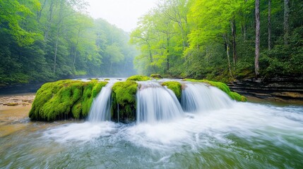 Obraz premium The waterfall cascades down the moss covered rocks, creating a soothing symphony of rushing water that echoes through the dense forest, surrounded by towering trees and vibrant greenery.