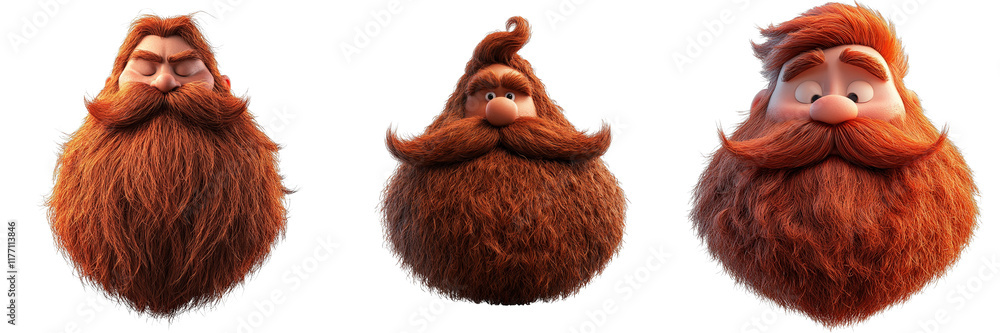 Poster curly beard cartoon elements in 3d style featuring different expressions and textures