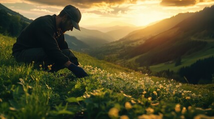 Fototapeta premium Farmer harvesting flowers at sunset in a mountainous landscape