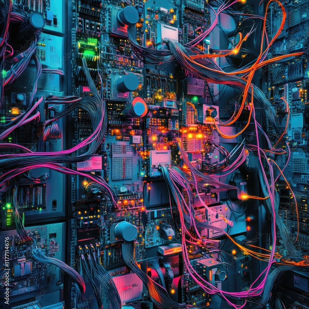 Poster futuristic tech wall complex circuitry, glowing wires, background data streams, ideal for tech or sc