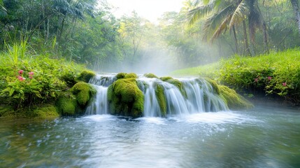 Obraz premium The tropical rainforest waterfall cascades down the moss covered rocks, creating a mesmerizing sight amidst the lush greenery of the jungle landscape