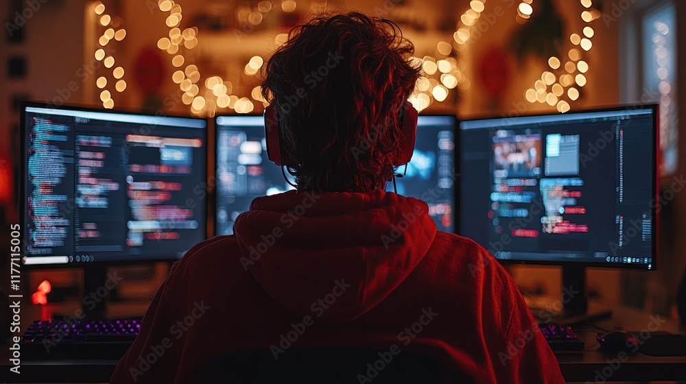Poster programmer coding late at night, festive lights