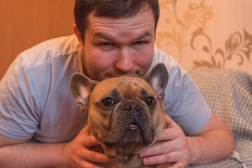 Cute brown - grey French bulldog with his owner at home. Dog is a best friend, concept of pet...