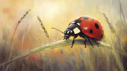 Obraz premium ladybug with red wings and black spots sits delicately on blade of grass, surrounded by soft, blurred background of warm colors, evoking serene and peaceful atmosphere