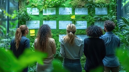 Team reviewing project plans on a green wall; sustainable office