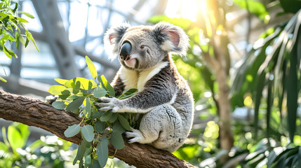 Fototapeta premium Koala sitting upright on eucalyptus tree branch, enjoying leaves in sunlight