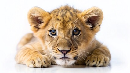 Obraz premium Adorable Dizzy Lion Cub, Tilt-Shift Miniature, White Background