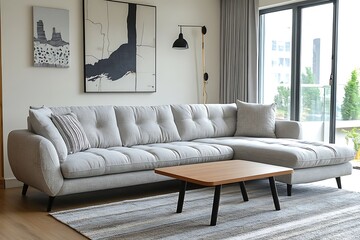 Modern Light Grey Sectional Sofa with Coffee Table