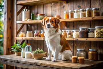Plakat Adorable Dog with Natural Pet Care Products on Wooden Shelf