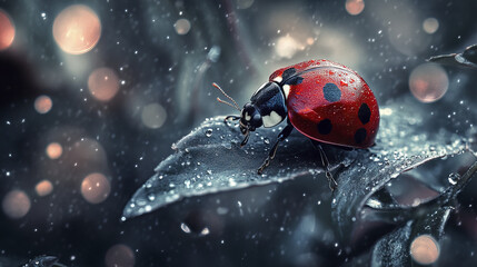 Obraz premium stunning closeup of ladybug perched on leaf, its vibrant red shell contrasting with dewy, dark foliage, creating magical atmosphere with soft bokeh lights