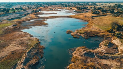 Impact of climate change showcased in dried-up lakes and rivers indicating severe water scarcity and rising temperatures