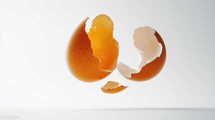 A cracked egg isolated on white background. Eggshell. Chicken egg. Empty shell. Gravity