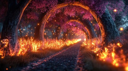 Glowing path through magical forest tunnel at twilight with fireflies
