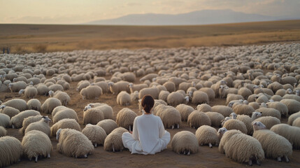 Obraz premium A surreal plain where the ground is entirely made up of sheep huddled closely together, their wool forming soft, cloud-like textures. In the center, a woman sits in a meditative po