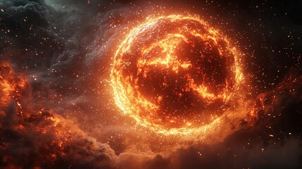 Obraz premium Burning planet engulfed in flames amidst cosmic clouds and fiery debris in deep space