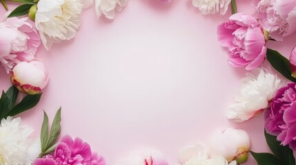 Pink Peony Bloom Frame: Delicate pink and white peonies arranged in a circular frame on a soft pink background, creating a romantic and elegant floral design. Perfect for wedding invitations.