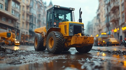 Rainy city day with a yellow excavator at a construction site images