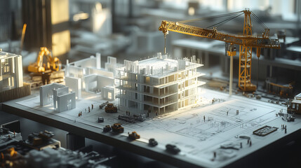 Aerial view of crane near white building under construction, surrounded by architectural plans and miniature vehicles, showcasing urban development