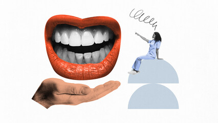 Contemporary art collage. Red lips graphic with white teeth rests on hand, while woman in scrubs sits on abstract shapes. Playful interpretation of speech and care. Concept of medicine, health care.