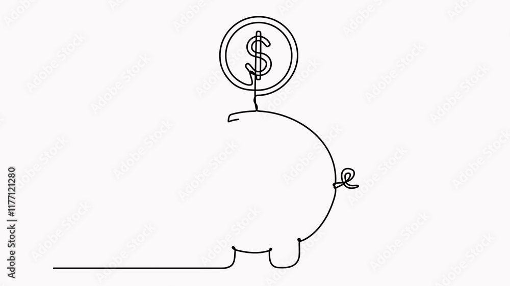 Poster piggy bank with dollar coin continuous one line drawing animated video. saving money concept animati