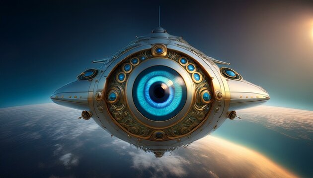 Alien themed images. Alien, ufo, flying disk, flying eye, robot, spaceship, technology. With artificial intelligence software.
