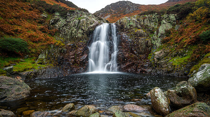 Obraz premium Majestic Waterfall in Mountain Landscape: Serene Nature Scene, Picturesque View, Tranquil Waters, Autumn Colors