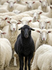 Obraz premium A black sheep stands in a herd of white sheep