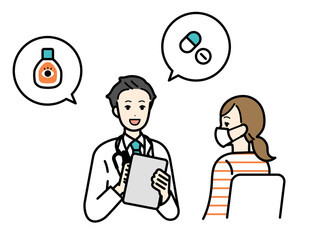 Illustration of a woman consulting a doctor for hay fever.
