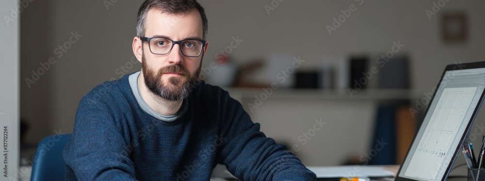 Aufkleber thoughtful man with glasses sitting at a desk in a modern workspace, focusing on his work with a com