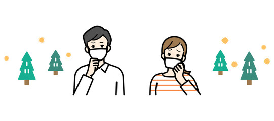 Naklejka premium Clip art of man and woman wearing masks who are troubled by hay fever. 