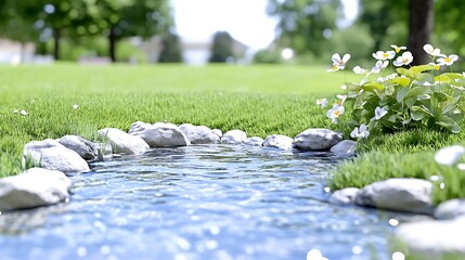 Serene Stream  White Flowers  Green Grass  Sunny Day  Natural Beauty