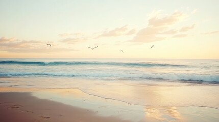 Tranquil Sunset Beachscape: Serene Coastal Scene with Gentle Waves and Flying Birds