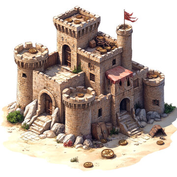 Medieval Castle: A Digital Isometric Illustration of a Fortified Stone Fortress, Showcasing its Ancient Architecture and Military Design