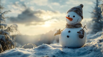 Obraz premium Snowman with tattered mittens staring at a snowy ridge
