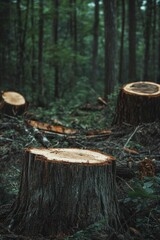 Deforestation and habitat loss illustrated by fallen tree stumps and chainsaws in a dense forest