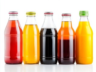 A group of bottled water and juice, neatly displayed on a bright white background.