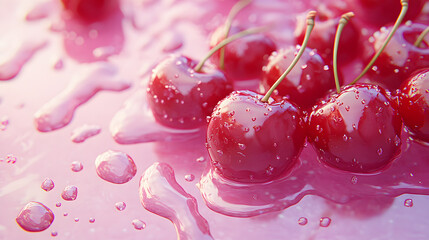 STYLE: photo realistic | glossy, wet, red cherries, identical pattern, pink background, cherries in water