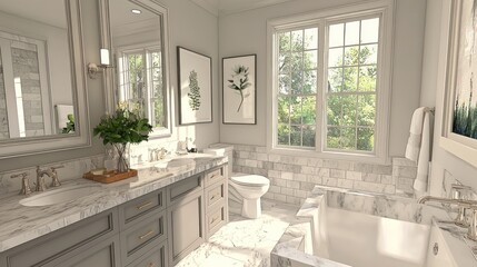 Luxurious Master Bathroom Design:  Elegant Grey Cabinets, Marble Vanity, and Freestanding Tub