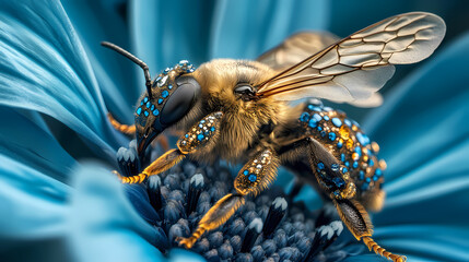 Close-up of a bee collecting pollen from a vibrant flower in a summer garden setting. Generative AI