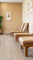 Cozy Waiting Area with Minimalist Design, Featuring Serene Art and Comfortable Seating in a Soft Color Palette for Relaxation and Comfort