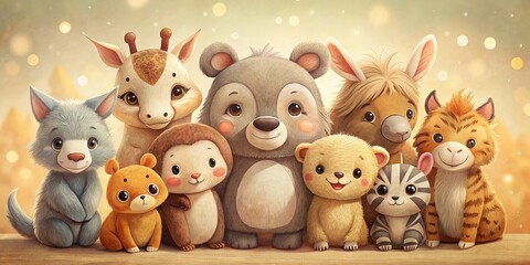 Obraz premium Adorable Group of Cartoon Animals in Low Light, Easy Drawing Style