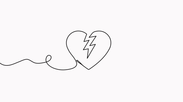 Broken heart continuous line art drawing animation. Heart wavy line video. Animated unhappy love symbol concept.