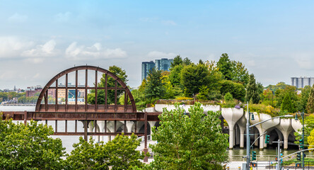 A view towards the east shore of the Hudson river in midtown from the High Line walkway in Manhattan, New York, in the fall