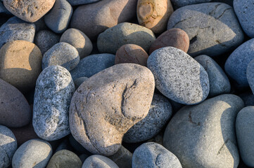 Smooth pebbles glisten in the warm sunlight along a tranquil riverbank