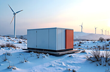Modern battery energy storage system with wind turbines in snow-covered fields.