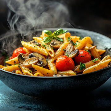 hot arrabiata penne pasta with italian seasoning topped with cherry tomatoes and mushrooms in a bowl, smoke from hot pasta. Make the background cleam and shophisticated with vibrant enegratic feel. T