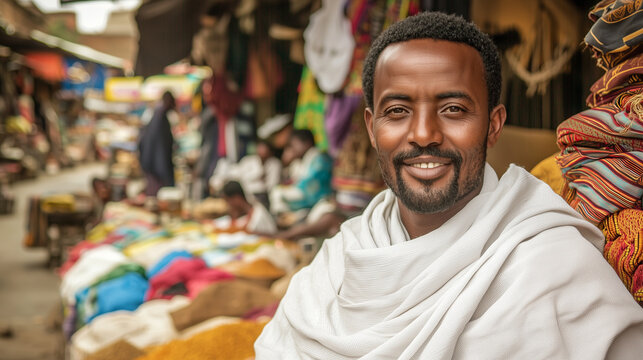 A vibrant portrait of an Ethiopian man wearing a white gabi shawl, his warm smile framed by his short hair and beard. The background features a bustling market scene with stalls se