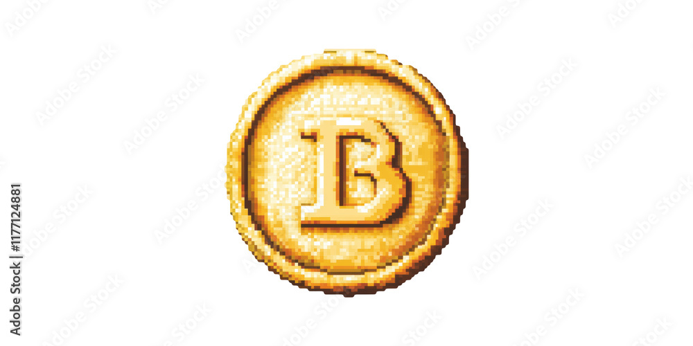 Poster golden bitcoin coin in pixel art style. isolated on transparent background