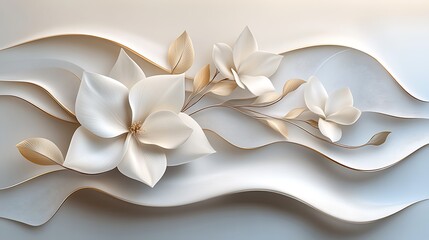 Elegant white flowers, gold leaves, wavy background, 3D wall art, home decor.